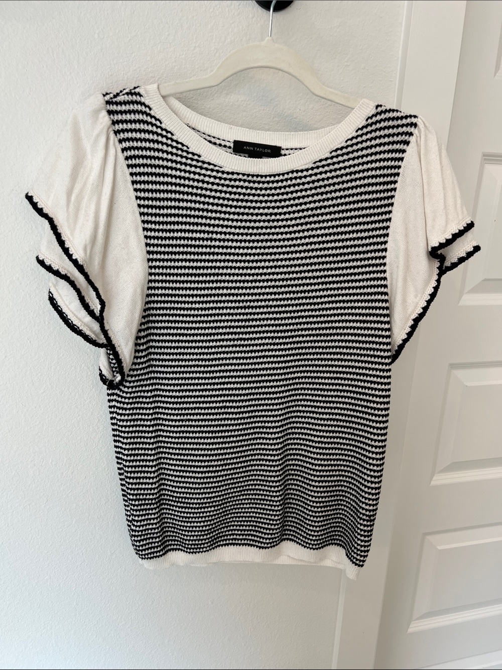 Ann Taylor Black & White Striped Knit Top with Puff Sleeves